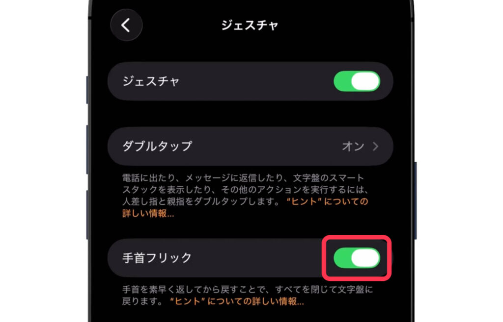 Apple Watchの設定・初期設定おすすめ26項目│設定見直しでより快適に 24 手首フリックをオンにする設定画面