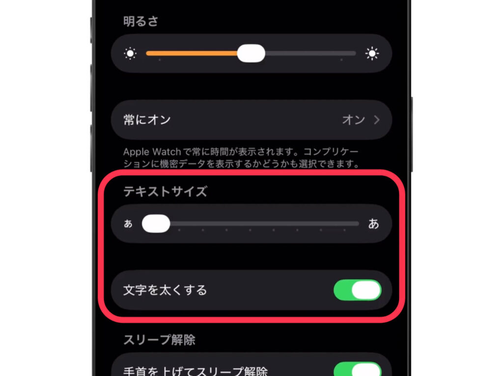 Apple Watchの設定・初期設定おすすめ26項目│設定見直しでより快適に 3 「テキストサイズ」と「文字の太さ」の設定画面