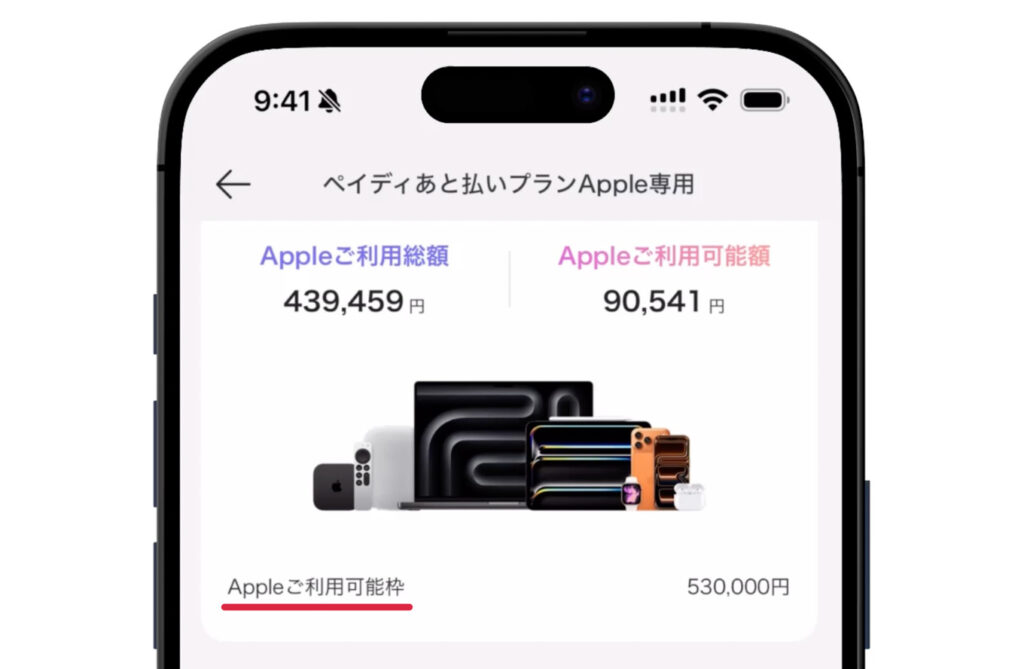 ペイディアプリ ペイディあと払いプランApple専用の利用可能枠の表示画面