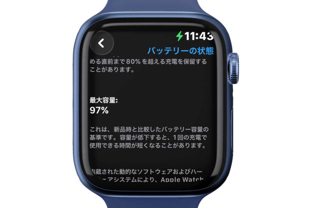 Apple Watch Series 10のバッテリー最大容量の表示画面