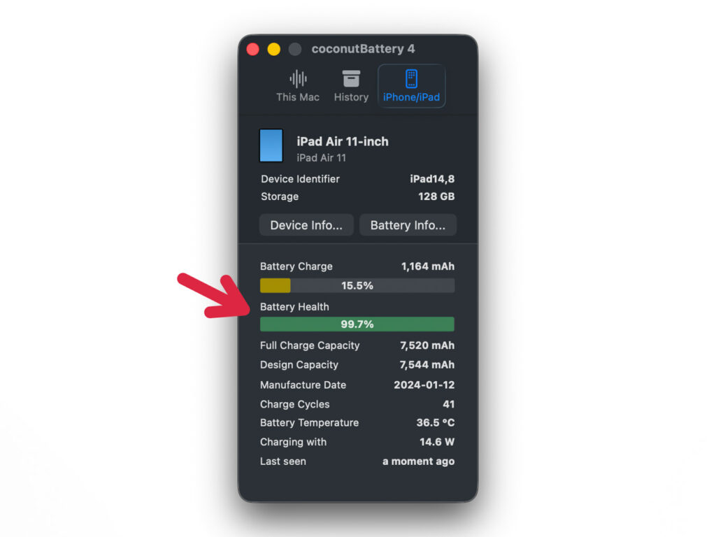 coconutBatteryで11インチiPad Air(M2)のバッテリー最大容量を確認している様子