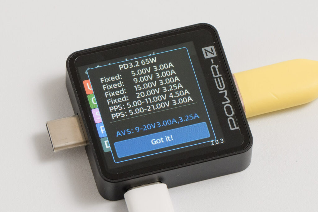 UGREEN Nexode Air 65W SlimのUSB-C1ポートのPDO(USB充電テスターの表示)
