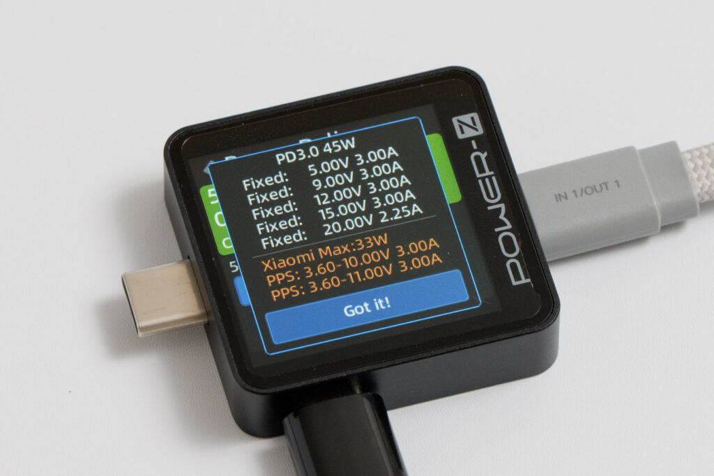 USB充電チェッカーで確認したUGREEN Nexode Wavy 10000mAh・45WモバイルバッテリーPB603のPDOとPPSの仕様