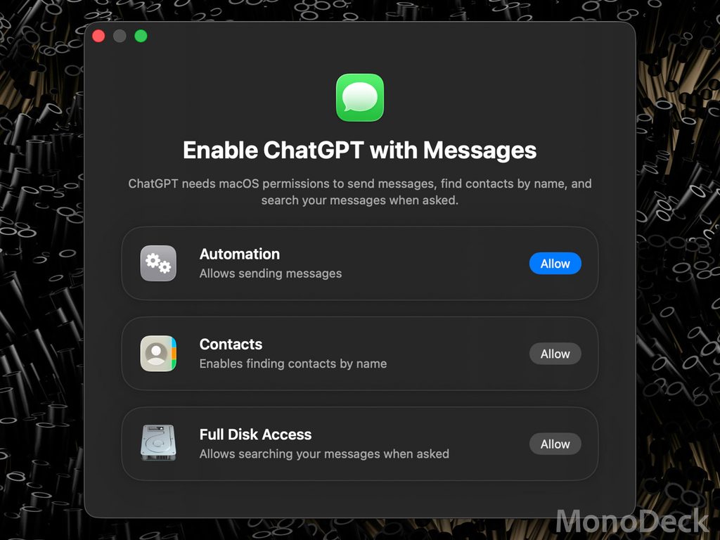 Mac版ChatGPTのメッセージ連携が求める3つの権限(オートメーション・連絡先・フルディスクアクセス)の許可画面。それぞれの用途が説明されている