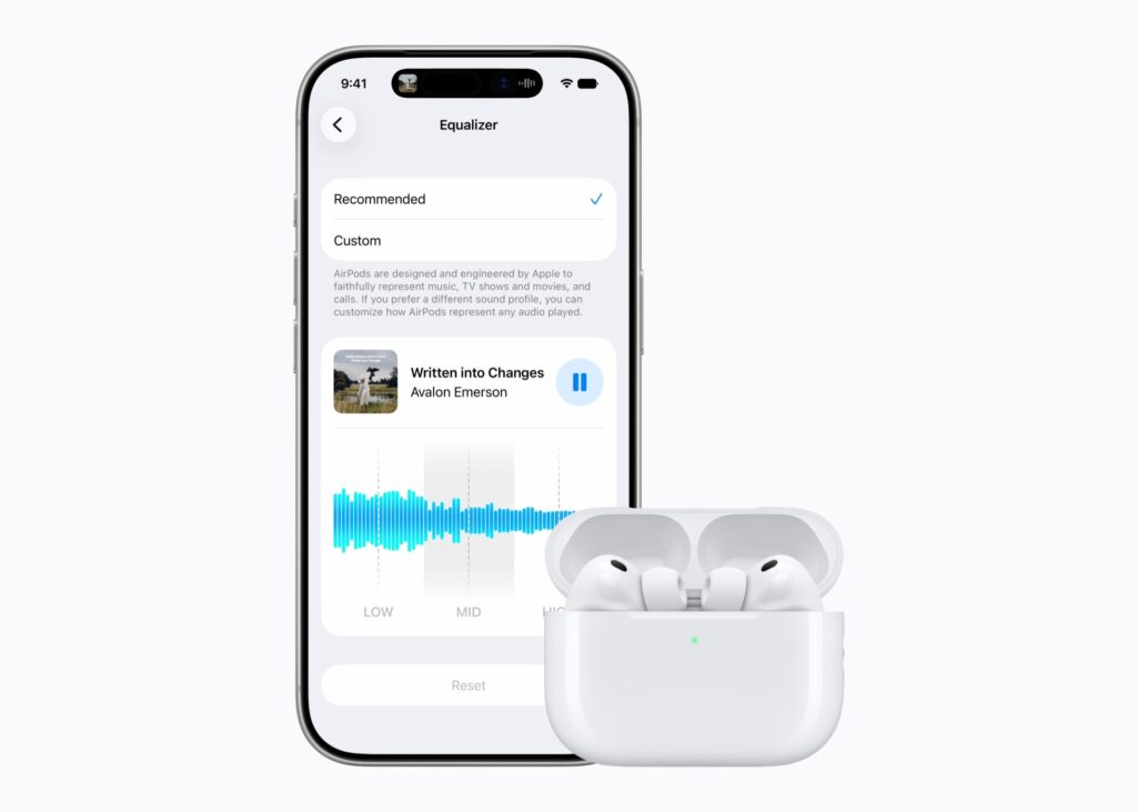 iOS 27のAirPods設定に加わる「カスタムEQ」で低音・中音・高音を調整している画面