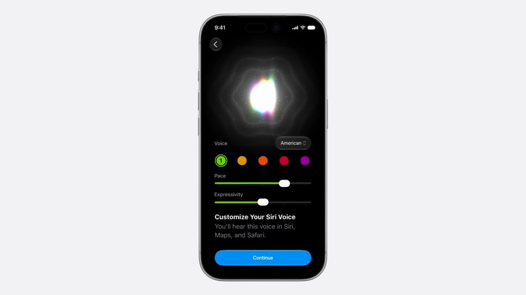 「Siriの話し方をカスタマイズ」で声の種類と話す速さ・表現力をスライダで調整している設定画面