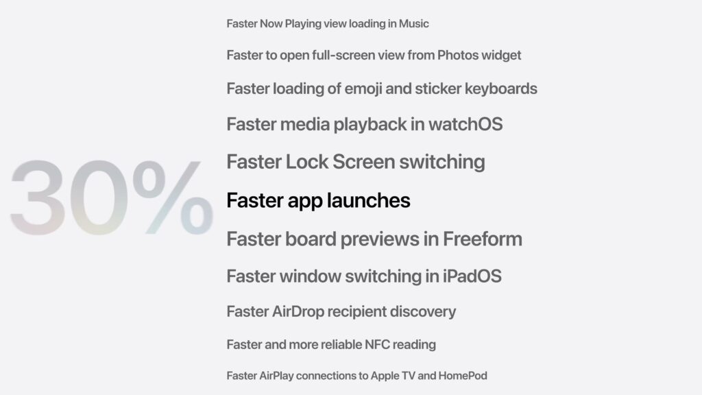 アプリの起動など各種動作が最大30%高速になることを示すWWDC26のスライド
