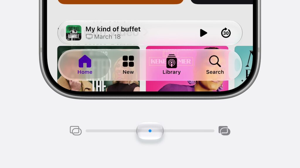 Liquid Glassの透明度をスライダで調整しているiOS 27のデモ画面