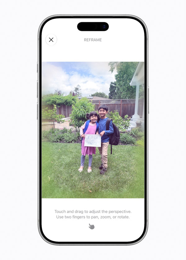 iOS 27の写真アプリで空間リフレームを使い、撮影後に写真の視点を動かして構図を調整している編集画面