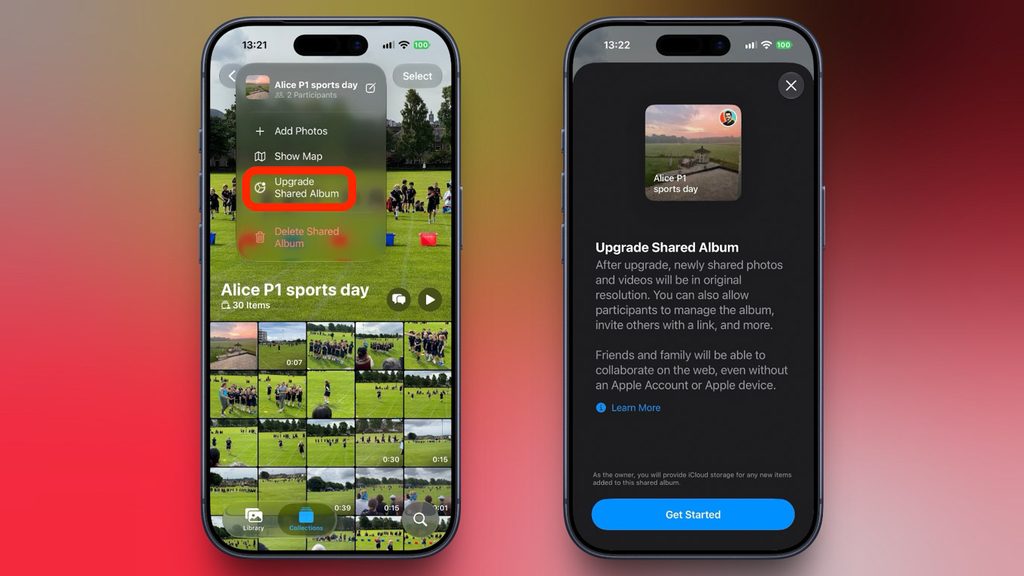 iOS 27ベータ版の写真アプリで既存の共有アルバムをアップグレードする「Upgrade Shared Album」の画面。下部にオーナーがiCloudストレージを提供する旨の注記がある