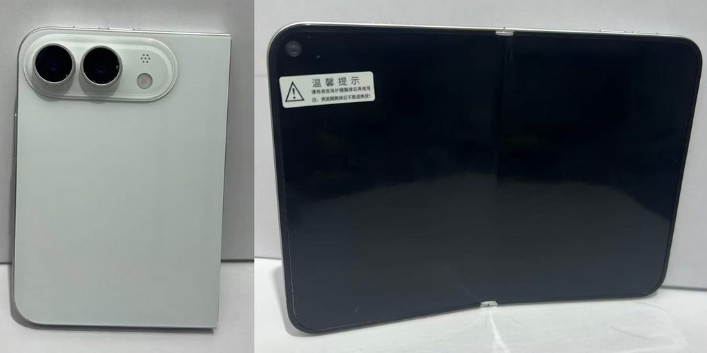 折りたたみiPhoneのものとされるダミーユニット。左は背面の2眼カメラ、右は開いた状態の内側画面で、中央にヒンジの線が見える