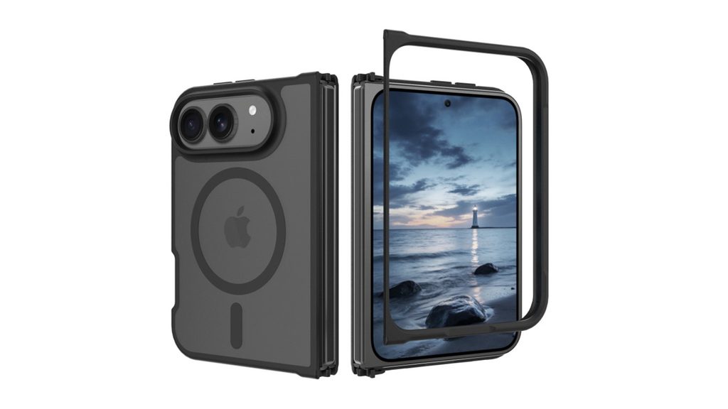 折りたたみiPhone用とされるiFunSmartのケース。背面カメラ2つとCamera Control用の切り欠きはあるが、アクションボタン用の切り欠きは無い