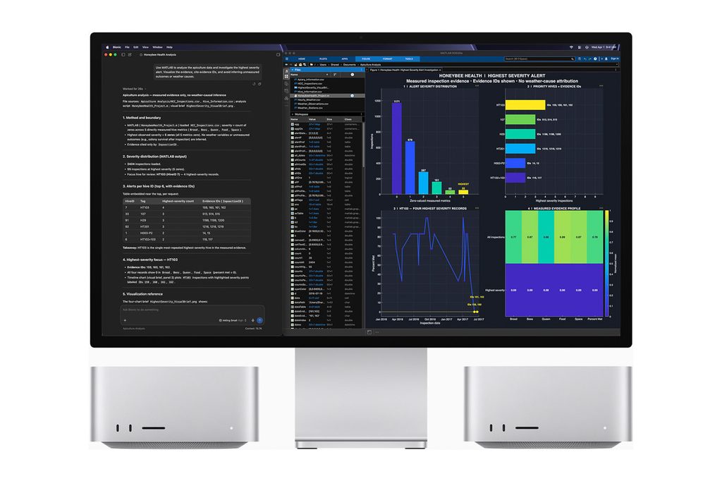 ディスプレイの下に2台並ぶ新型Mac Studio。画面はAIエージェントによるデータ分析