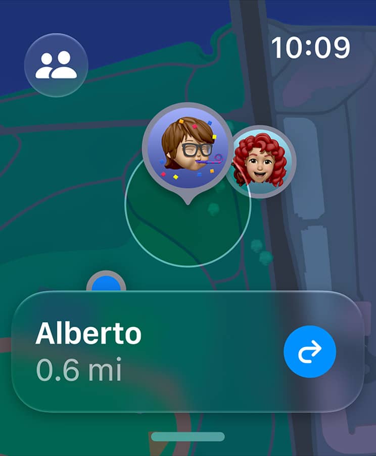 watchOS 27の「探す」アプリでマップ上にデバイスや人が表示されている画面