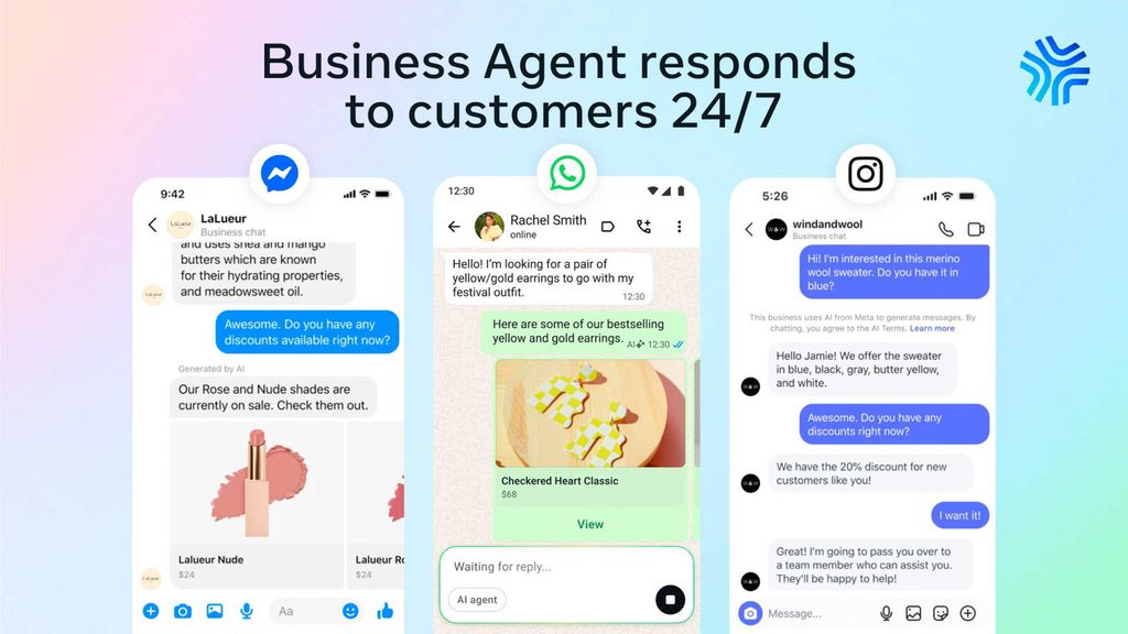 Meta Business Agentが顧客にチャットで応答する様子。WhatsAppの画面ではAIの返信に「AI」の印が付き、Instagramの画面には「This business uses AI from Meta to generate messages」の告知が表示されている