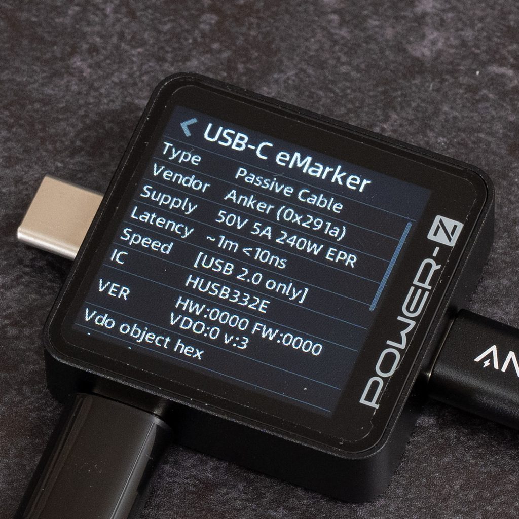 Anker Zolo USB-C & USB-Cケーブル(240W, 高耐久ナイロン)のE-markerチップ(USBケーブル充電テスター)