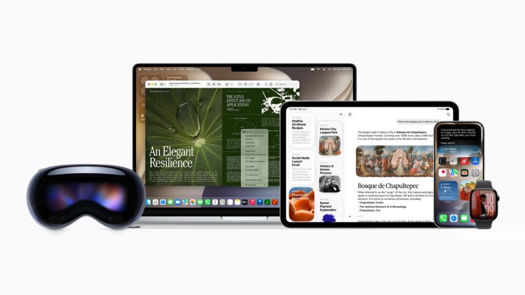 Siri AIを表示したApple Watch、iPhone、iPad、Mac、Apple Vision Pro