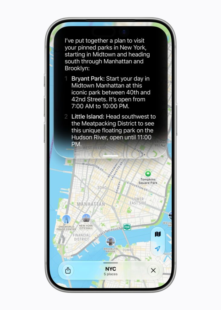 iPhoneのマップ上でSiri AIがニューヨークの公園を巡る計画を回答している画面