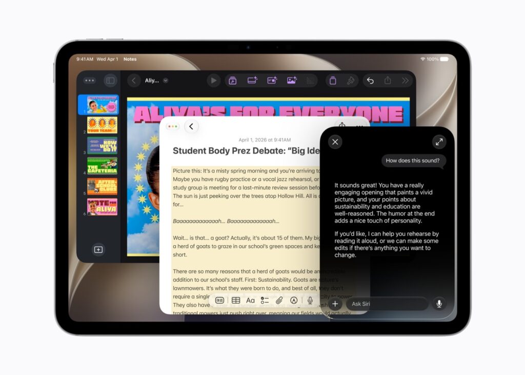 iPadでSiri AIが文章の改善案を表示している画面